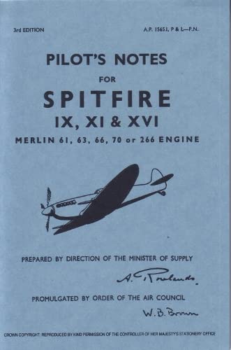 Blue cover of Spitfire IX, XI & XVI Pilot's Notes manual with airplane illustration.