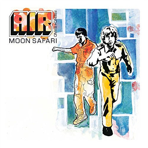 The vinyl album cover for "Air - Moon Safari" features an abstract illustration of two men running.