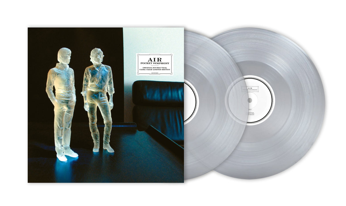 Air’s “Pocket Symphony” clear vinyl LP with album cover featuring two figures.