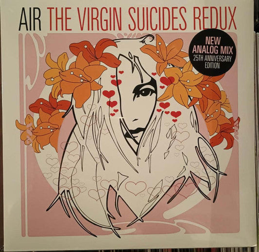 Vinyl album cover with a sketched face surrounded by orange flowers and hearts.