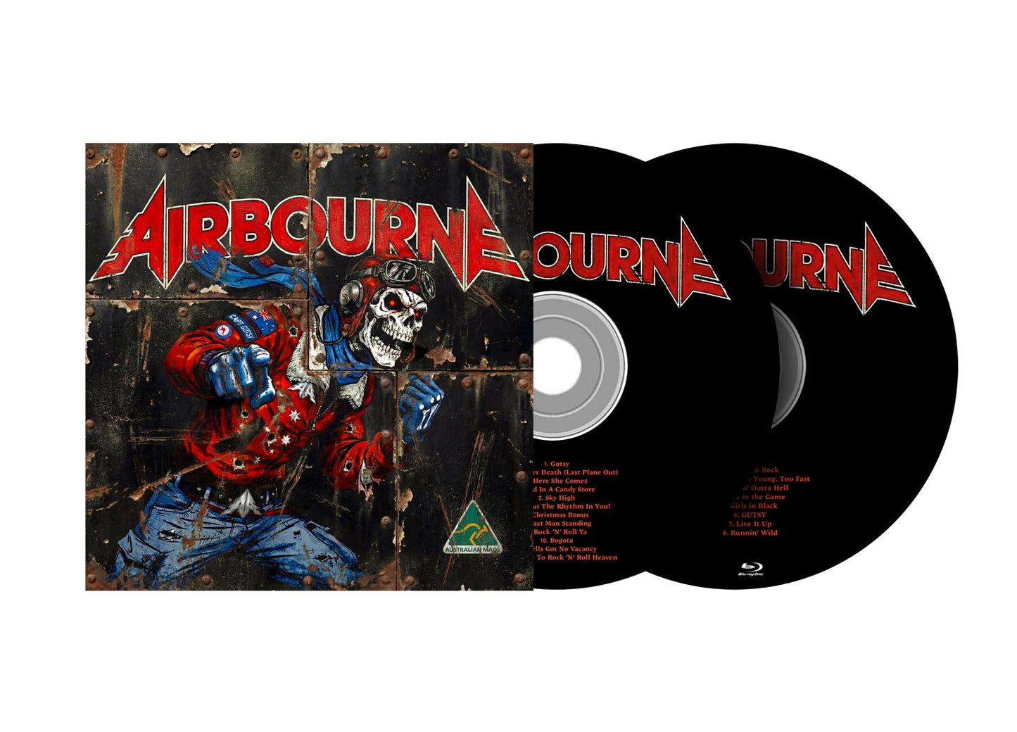 Airbourne album cover and discs, featuring a painted skull and rivets.