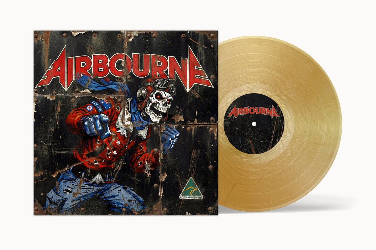Airbourne album cover and golden vinyl record against a white background.