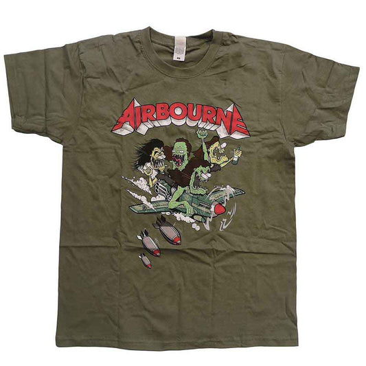 Olive green t-shirt with Airborne band logo and cartoon illustration.