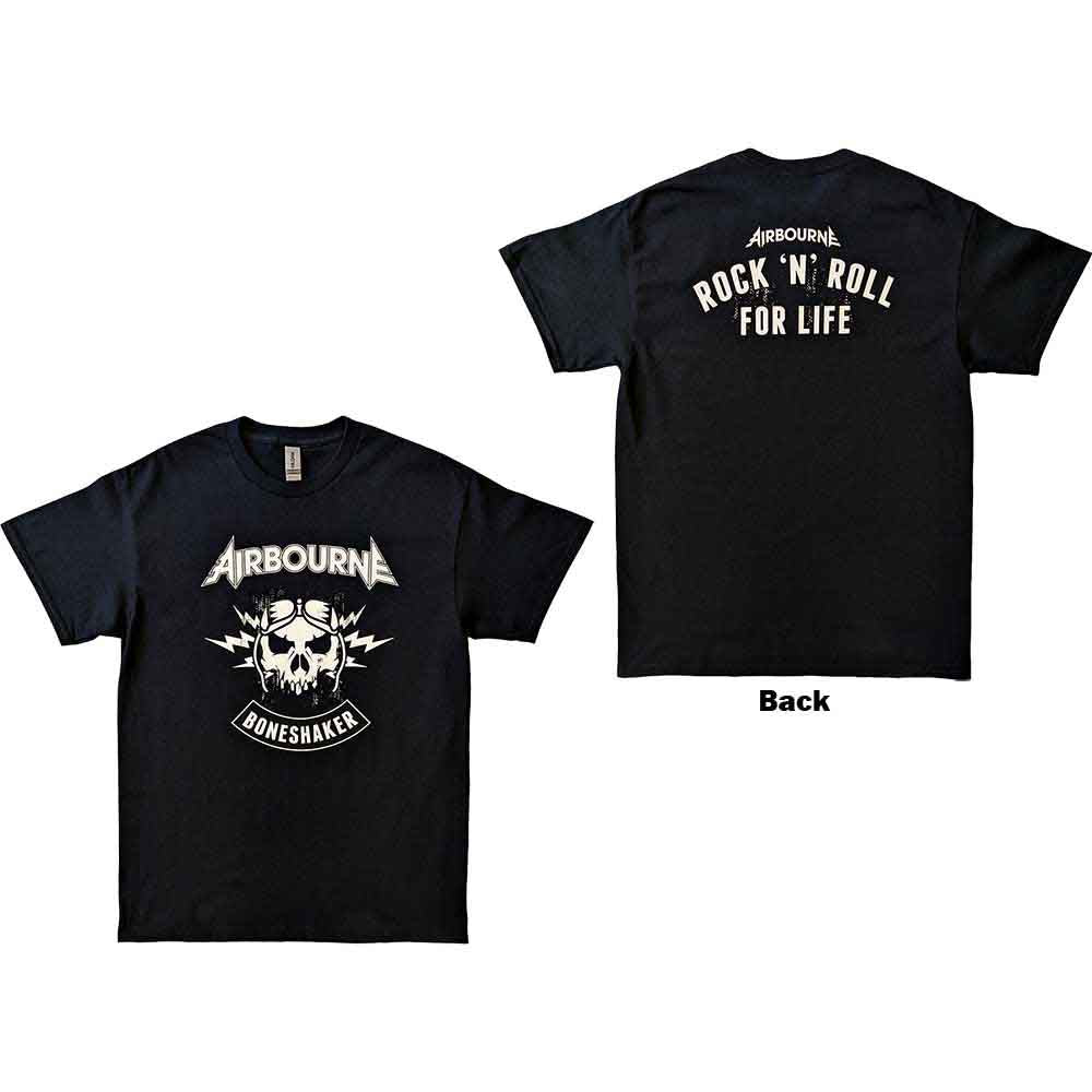 Black unisex t-shirt with large back print of a skull and motorcycle bones.