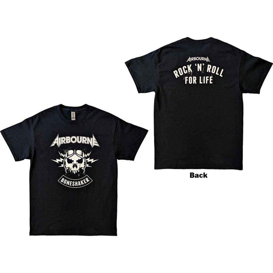 Black unisex t-shirt with large back print of a skull and motorcycle bones.
