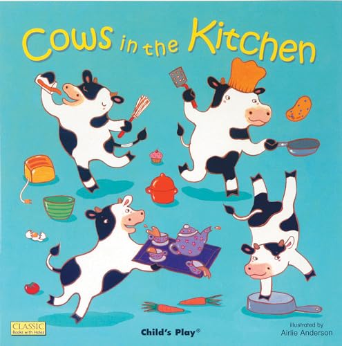 Cartoon cows playfully cooking in a bright blue kitchen scene.