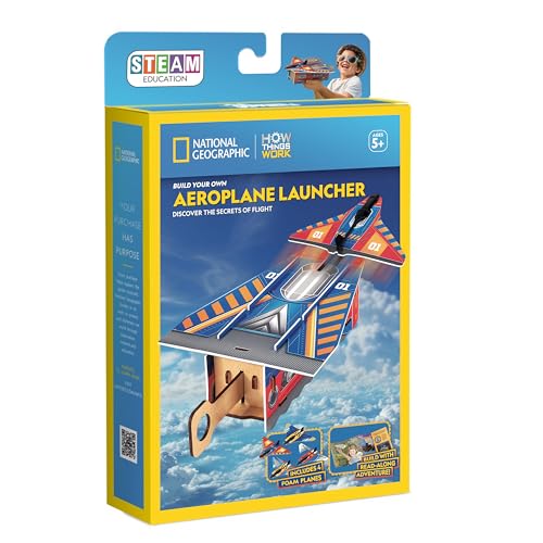 Cardboard airplane launcher kit packaging with a child and plane image.