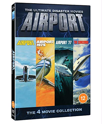 DVD cover for the Airport 4-movie collection featuring airplanes and a 12 age rating.