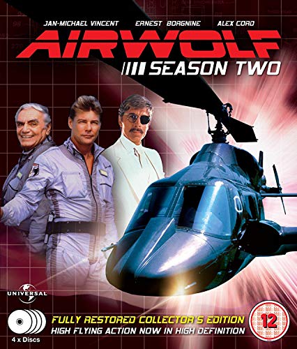 "Airwolf Season 2 DVD cover featuring three men and a helicopter."