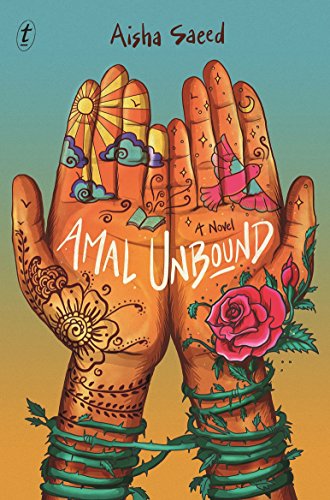 Book cover: hands with henna, suns, birds, and the title "Amal Unbound".