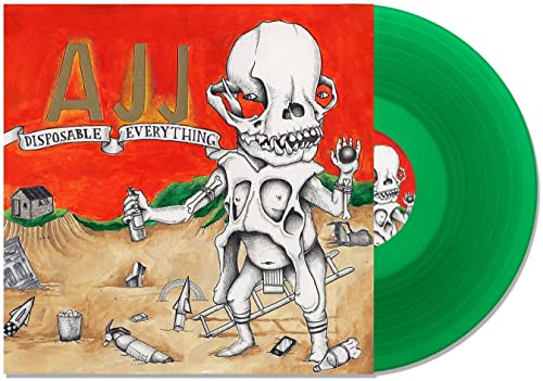 AJJ album cover with a skull-like figure and transparent yellow vinyl record.