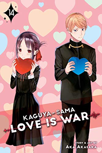 Kaguya-sama: Love is War manga volume 14 cover featuring two students holding heart icons.