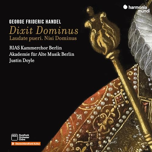 CD cover for Handel's "Dixit Dominus" featuring ornate gold staff imagery.