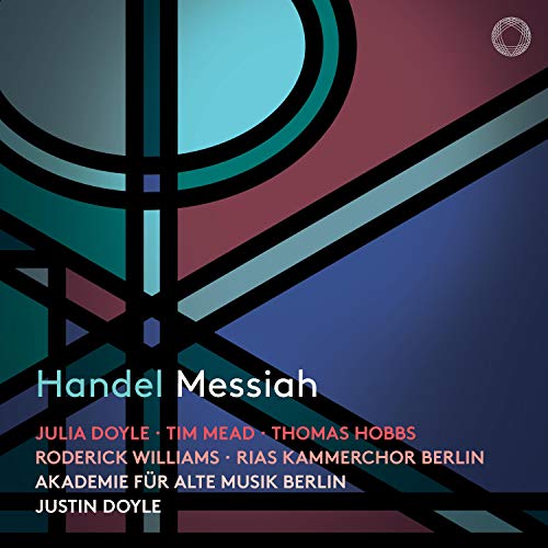 "Album cover featuring abstract geometric shapes in blue, red, and green, with 'Handel Messiah' text."