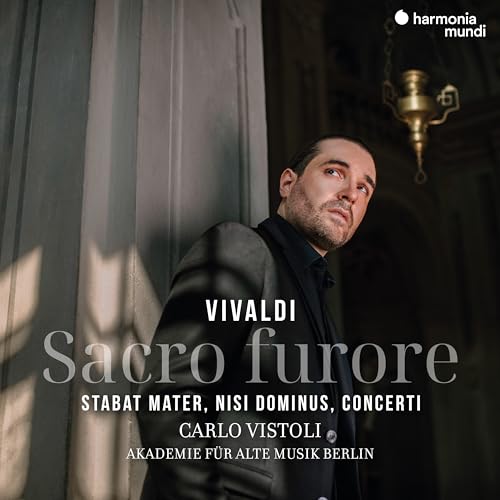 CD cover: portrait of a man, text “Vivaldi Sacro Furore”, dark background.