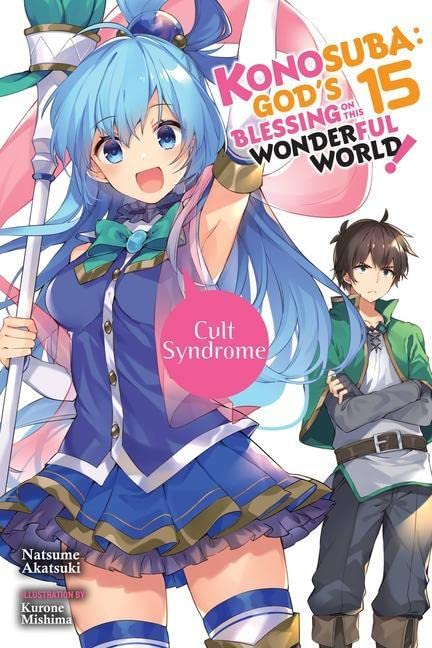 Konosuba light novel volume 15 cover with anime girl and boy.