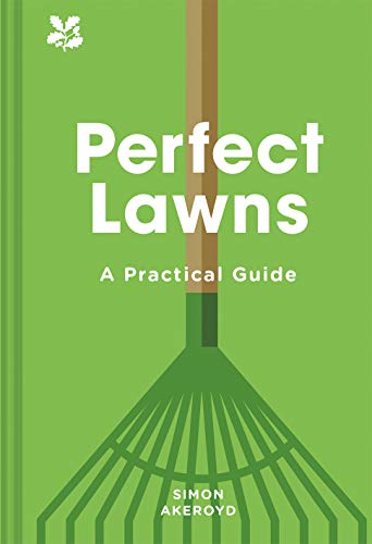 Book cover: "Perfect Lawns" with a green lawn rake illustration.