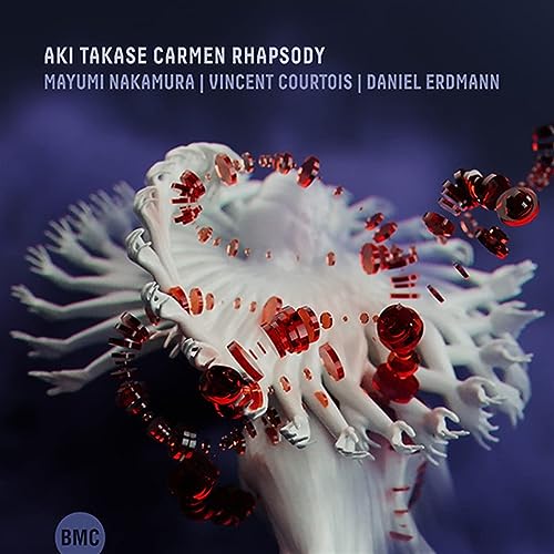 CD cover for “Aki Takase Carmen Rhapsody” featuring abstract, white figure.