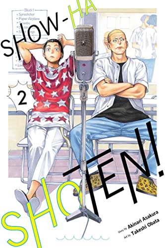 Manga cover with two young men and a vintage microphone.