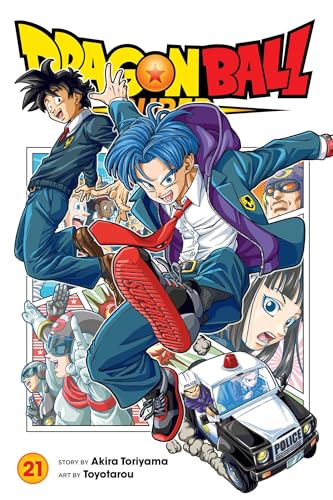 Dragon Ball Super manga volume 21 cover featuring Trunks and Goten in school uniforms.