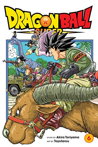 Goku rides a large creature with other characters in a jeep in the background.