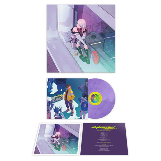 Cyberpunk Edgerunners vinyl set with illustrated sleeves, tracklist back cover, and purple marbled disc.