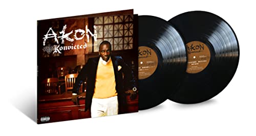 Akon’s “Konvicted” vinyl record with artist portrait and two black discs.