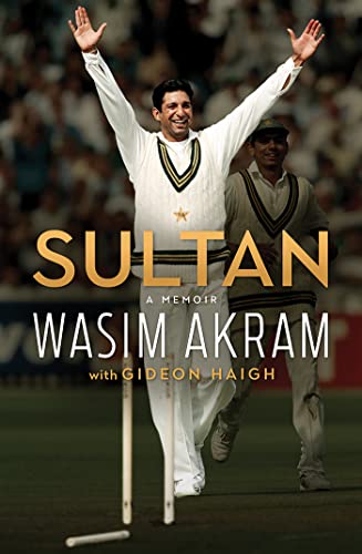 Book cover featuring cricketer Wasim Akram with arms raised in victory.