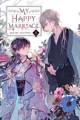Novel cover with a couple amidst floral illustrations, titled "My Happy Marriage.