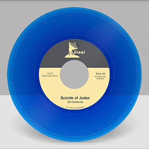 Blue vinyl record with yellow label displaying “Suicide of Judas” text.
