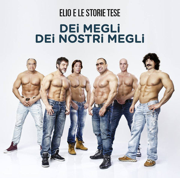 Six shirtless men in jeans pose against a white background.