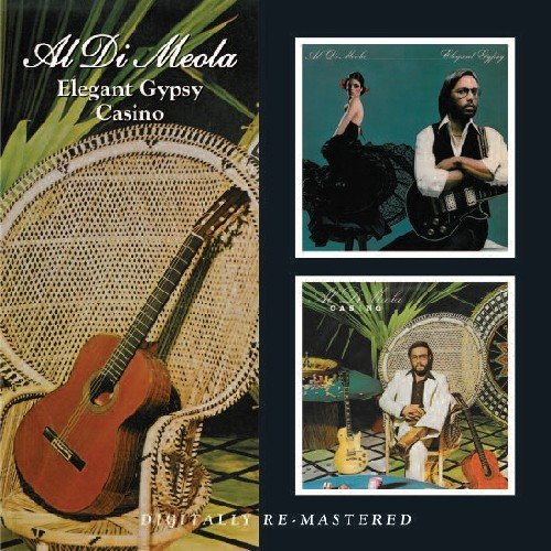 "CD cover with Al Di Meola and guitar images on a dark background."