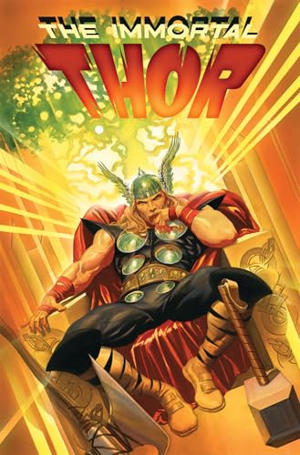 Thor sits on a golden throne beneath a glowing tree, holding his hammer Mjolnir.