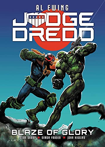 Judge Dredd comic cover featuring Dredd and a monstrous green figure fighting.