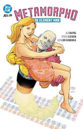 Comic book cover featuring Metamorpho embracing a woman, with element symbols.