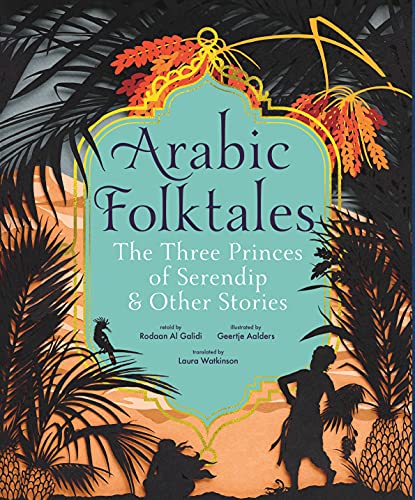 Book cover for "Arabic Folktales" with silhouetted plants and figures.