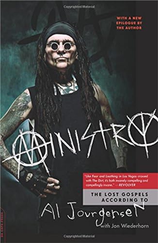 Book cover featuring Al Jourgensen of the band Ministry, with dark aesthetic.