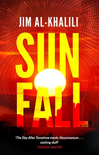 Book cover for “Sunfall” with large yellow text on a red and black background.