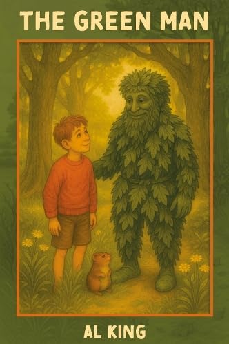 Book cover: boy, leafy green man, and a small brown animal in woods.