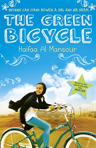 Book cover: girl riding a green bicycle against a blue sky.