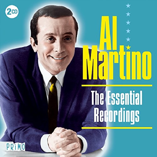 Al Martino wearing a suit and tie on a teal background with yellow text.