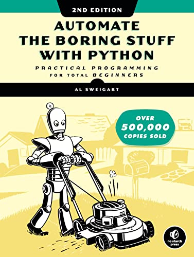 Book cover: robot mowing a lawn, title "Automate The Boring Stuff With Python".