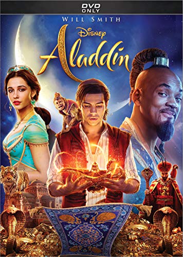 Aladdin DVD cover featuring Will Smith, Mena Massoud, and Naomi Scott.