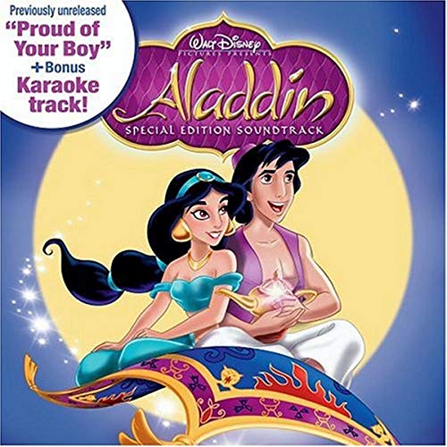 Aladdin CD cover featuring Jasmine and Aladdin on a magic carpet.