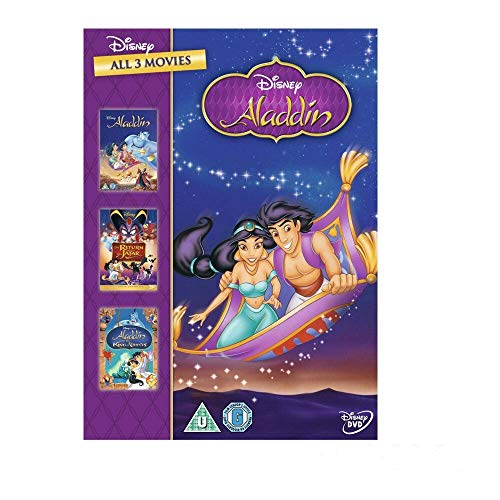 DVD cover for Disney’s Aladdin trilogy featuring Aladdin and Jasmine on a magic carpet.