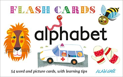 Alphabet flash cards box cover featuring a lion, worm, ambulance, bee, and mittens.