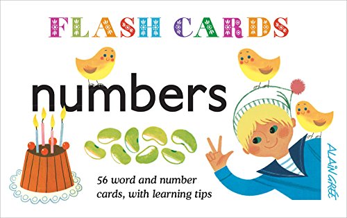 Cover of Numbers Flash Cards featuring a boy, yellow birds, and a cake.