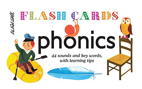 Phonics flash cards with colorful illustrations of animals and objects.