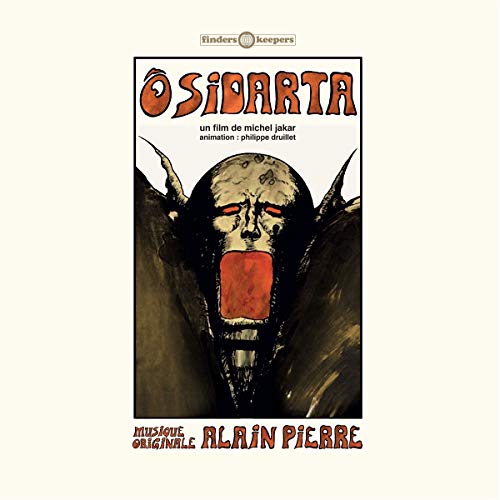 The image depicts a vinyl record cover for the soundtrack of the film "Sidarta" by Alain Pierre. Alt text: A vinyl record cover featuring a dark, horned figure with an open mouth.