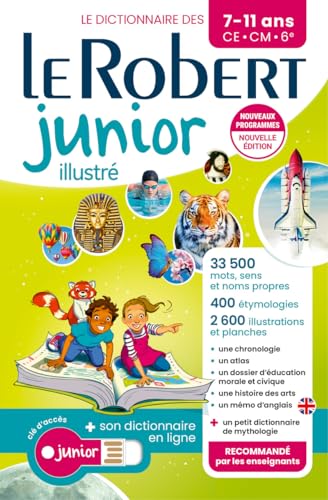 Colorful illustrated French dictionary for children, with images of animals and space.